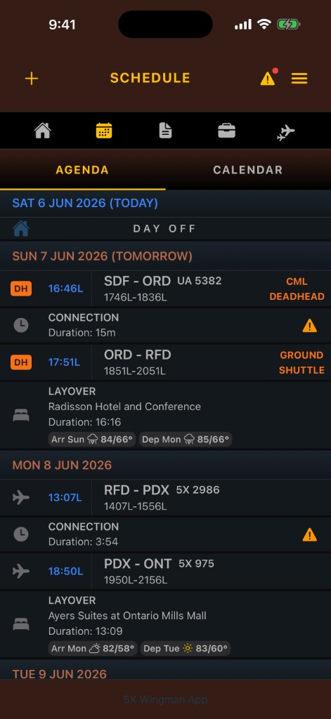 5X Wingman agenda schedule screen