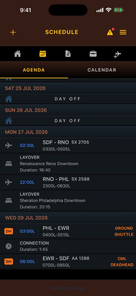 Agenda showing a ground shuttle from PHL to EWR and a commercial deadhead AA 1288 from EWR to SDF
