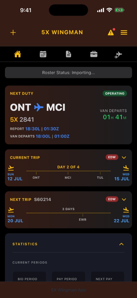 Home screen with Roster Status Importing banner while travel email is processed