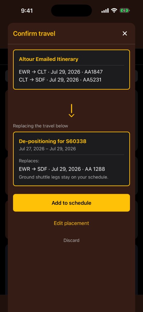 Confirm travel modal showing an Altour itinerary replacing a commercial deadhead