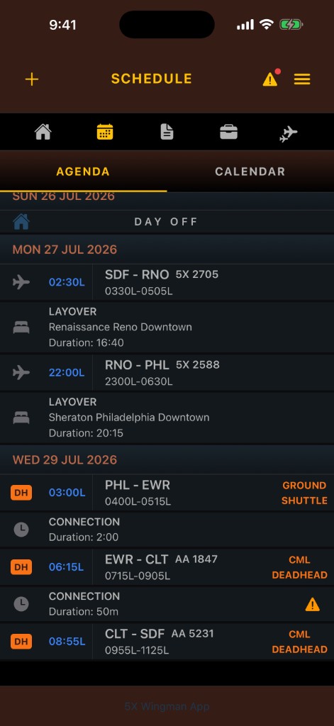 Agenda after Altour apply showing ground shuttle plus AA 1847 EWR to CLT and AA 5231 CLT to SDF