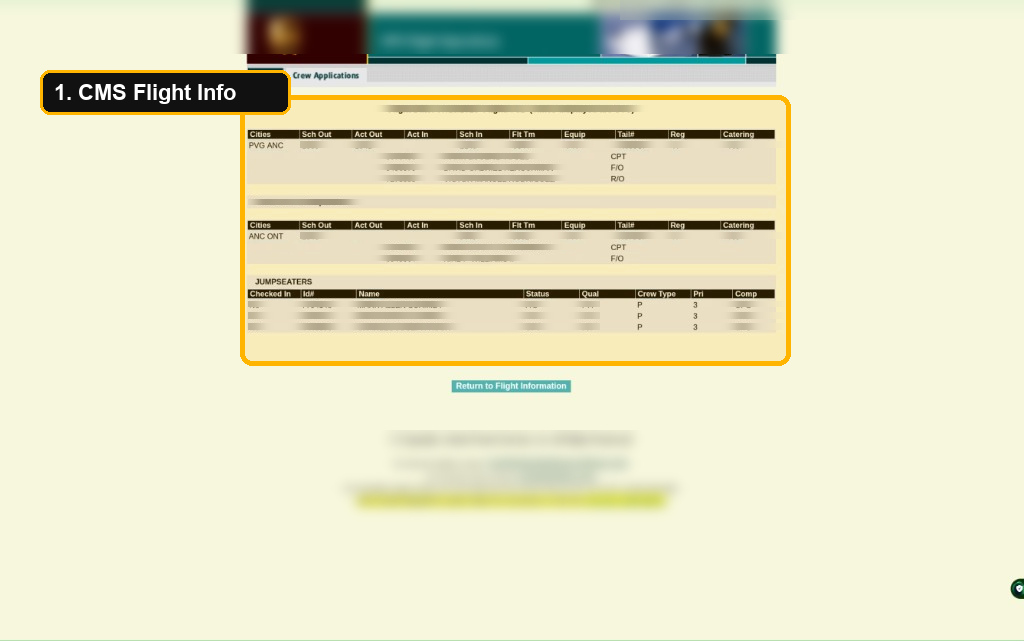 CMS Flight Information page with personal and operational details redacted