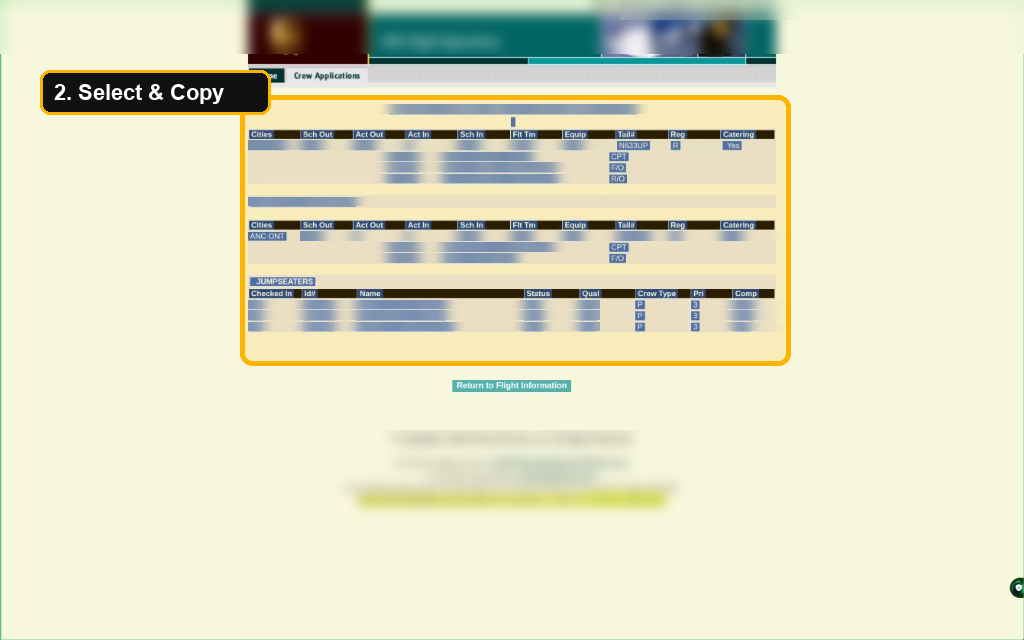 CMS Flight Information page showing the data area to select and copy