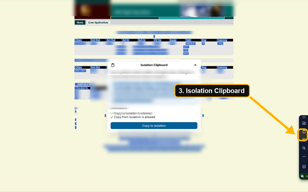 CMS in Zscaler Browser Isolation with an arrow pointing to the Isolation Clipboard icon on the right-side toolbar