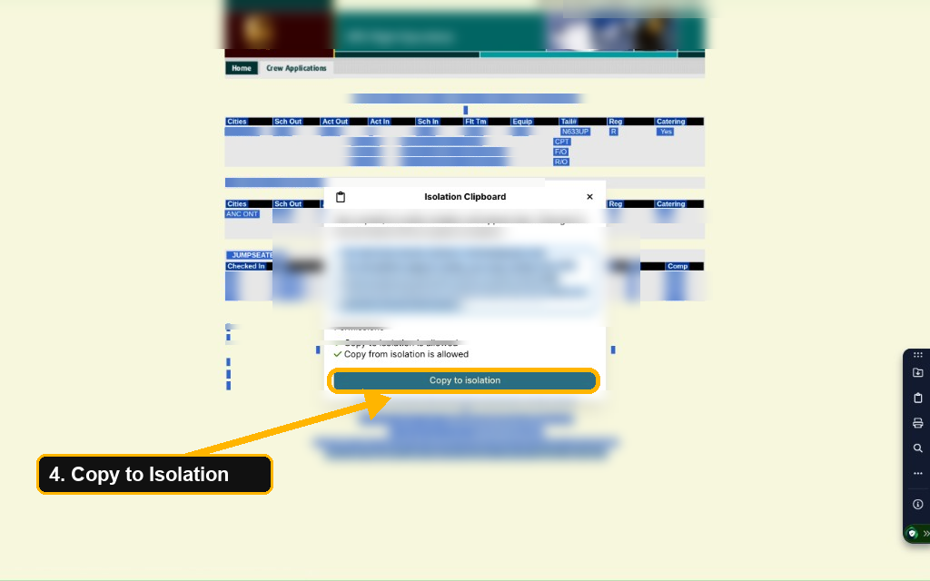 Isolation Clipboard modal with copied text redacted and Copy to isolation highlighted
