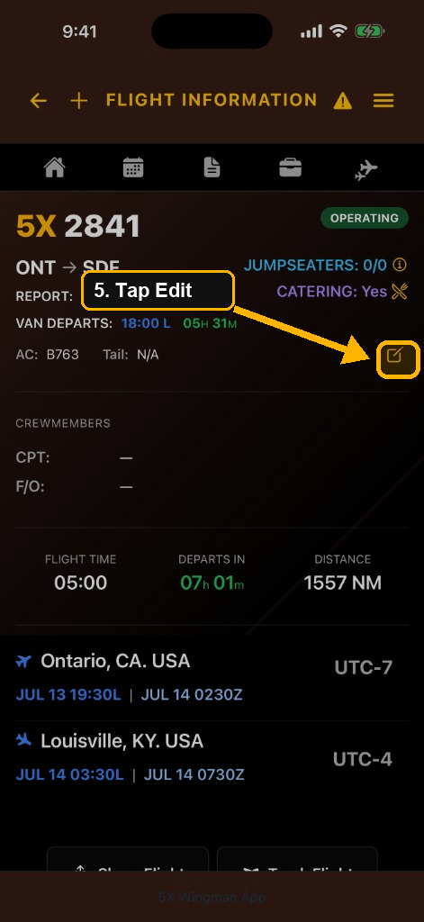 Flight Information screen with the gold pencil edit button highlighted