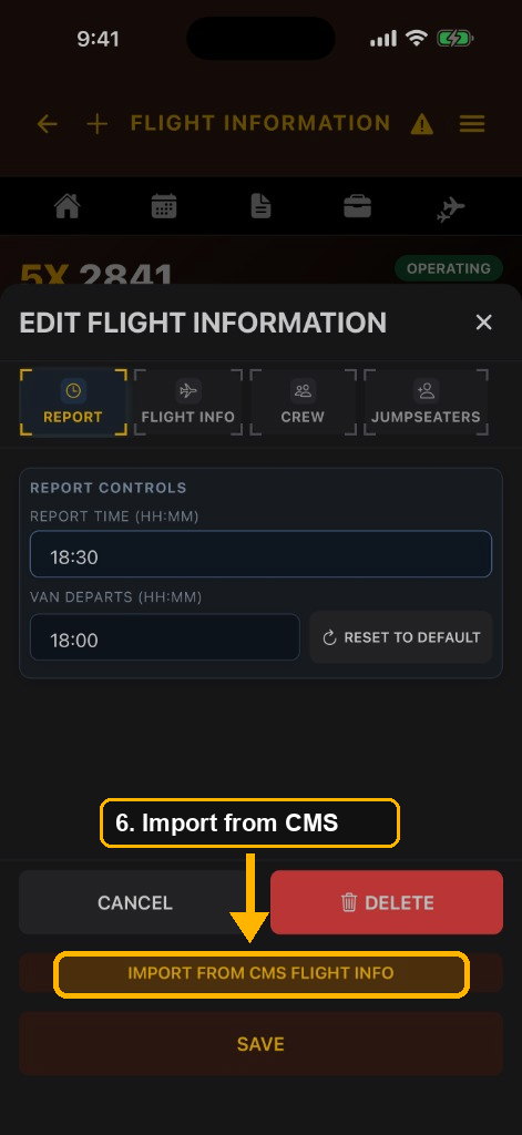 Edit Flight Information with Import from CMS Flight Info highlighted