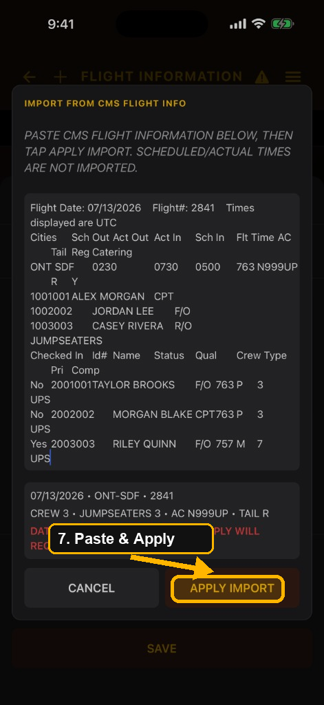 Import from CMS Flight Info paste modal with Apply Import button