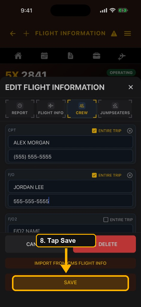Edit Flight Information Crew tab after a successful CMS import