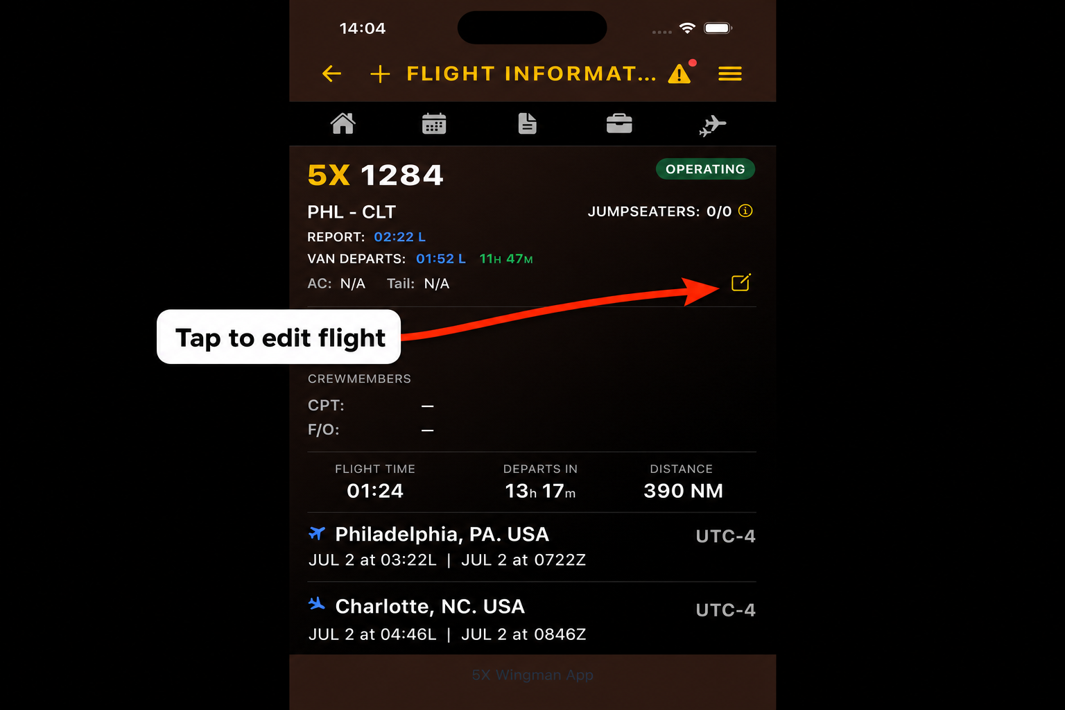 Flight Information screen with an arrow pointing to the gold pencil edit button next to AC and Tail