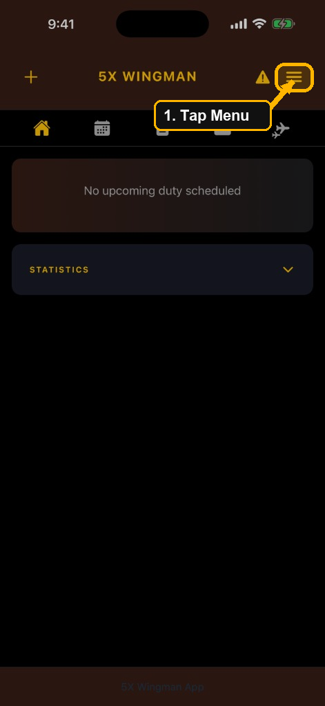 5X Wingman home screen with the menu icon in the upper right
