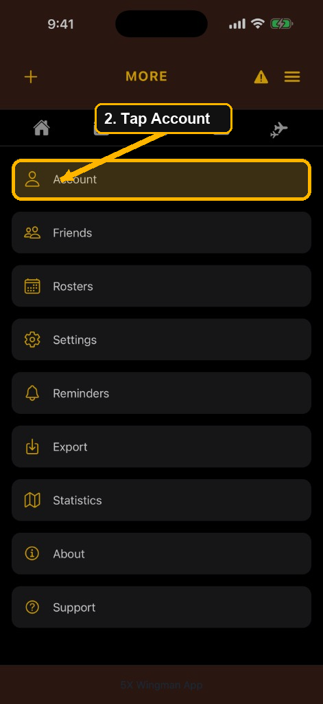 More screen with the Account row near the top