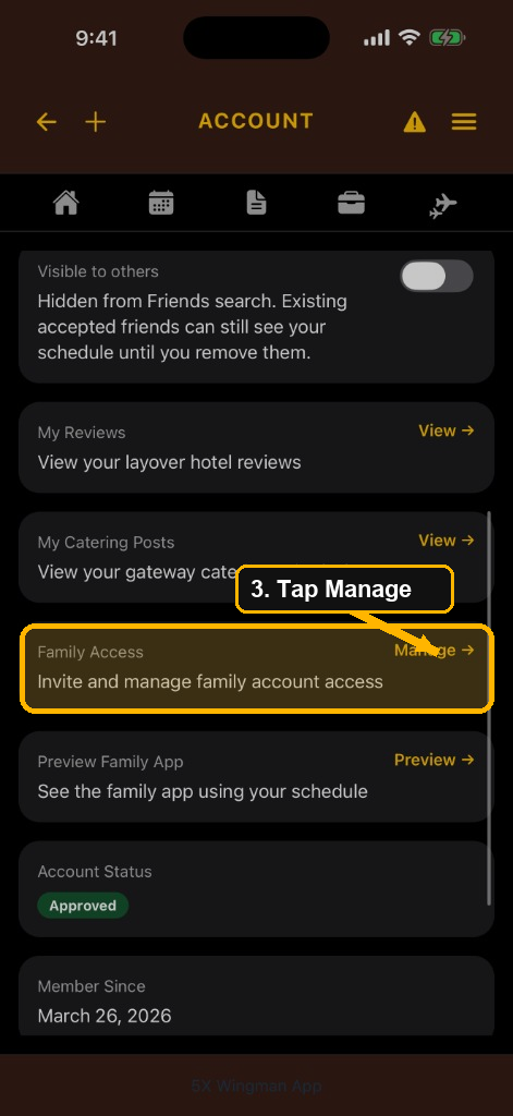 Account screen with the Family Access row and Manage button