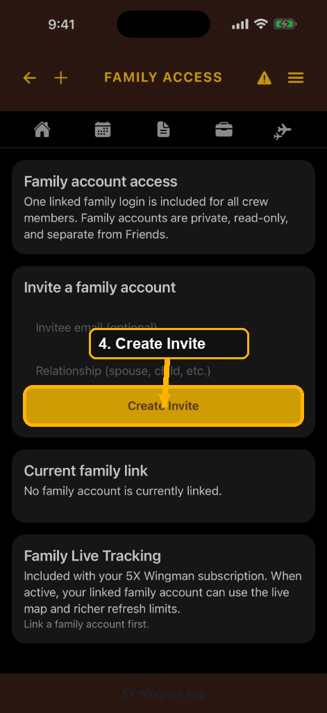 Family Access screen with the Create Invite button highlighted