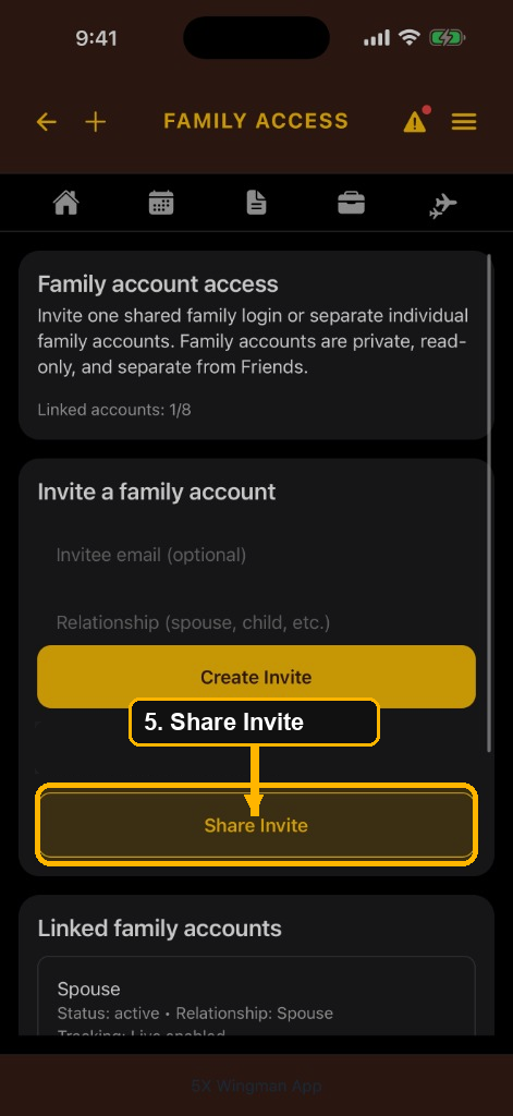 Family Access screen with the Share Invite button highlighted after creating an invite