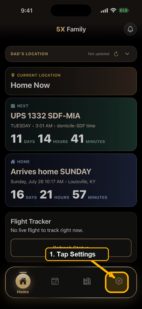 5X Family home screen with the Settings tab highlighted