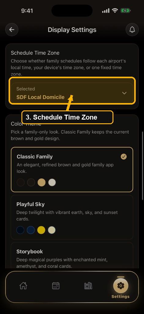 Family Display Settings with the Schedule Time Zone card highlighted