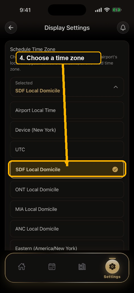 Schedule Time Zone picker with a time zone option highlighted