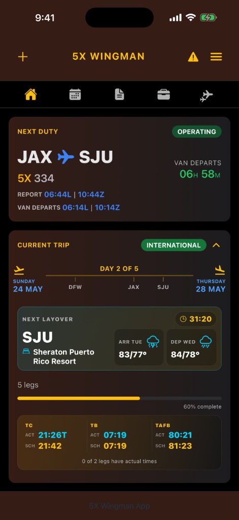 5X Wingman flight crew app interface