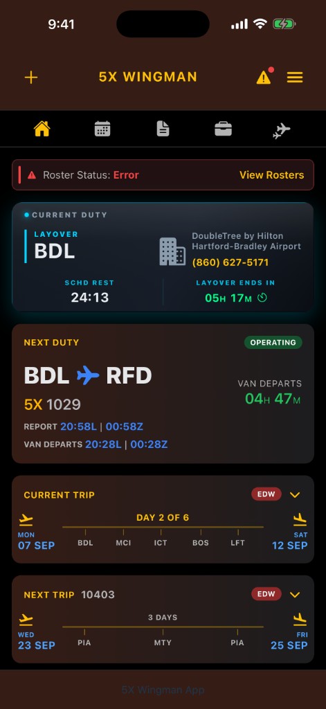 Home screen showing red-bordered Roster Status Error banner with View Rosters