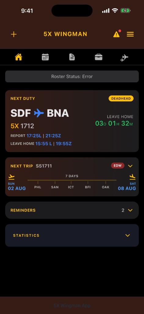 Home screen showing Roster Status Error banner