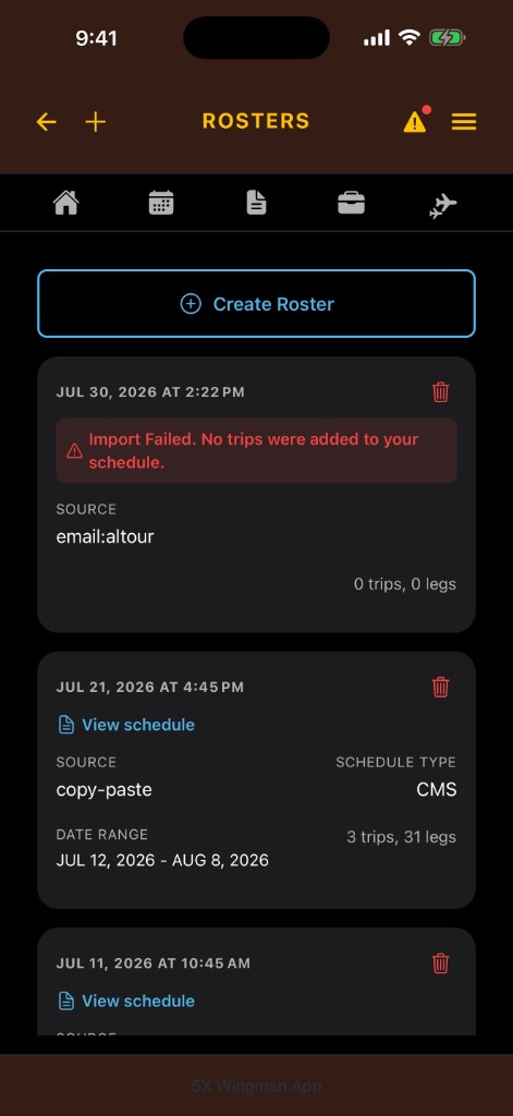 Rosters page with a failed email altour card showing Import Failed and a trash icon