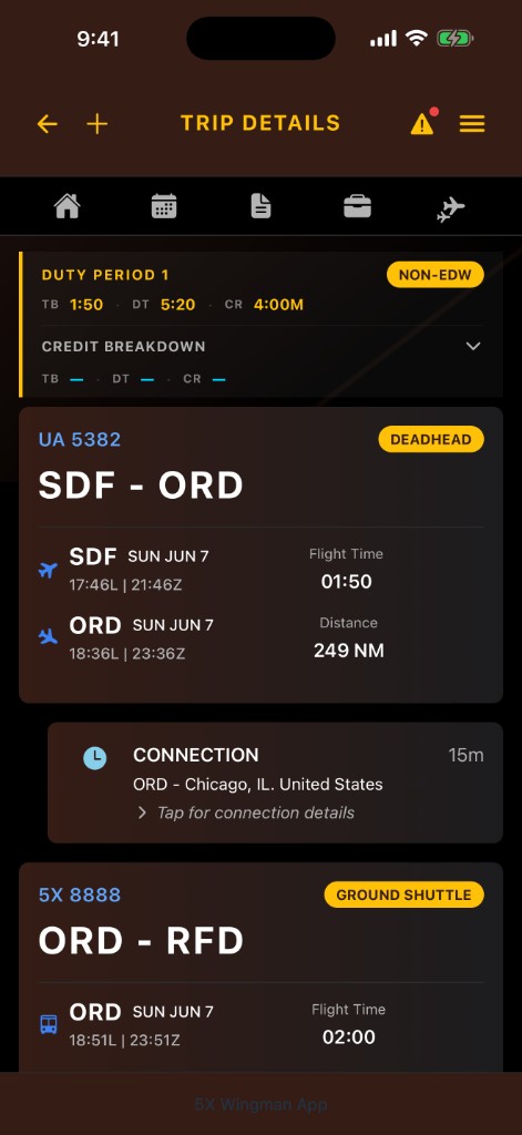 5X Wingman trip detail screen