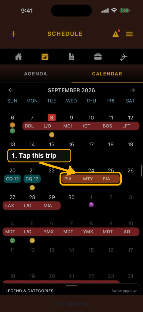 Schedule Calendar with the September 23 to 25 trip bar highlighted