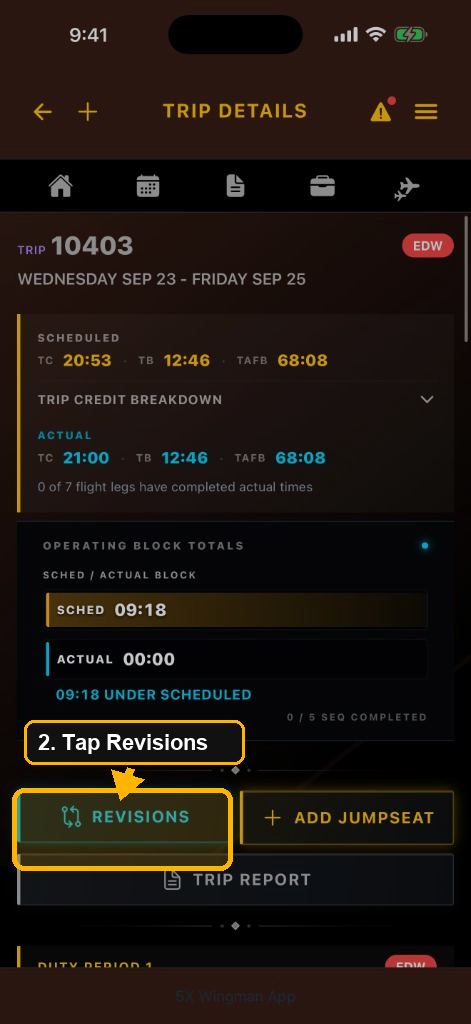 Trip Details with the Revisions button highlighted next to Add Jumpseat