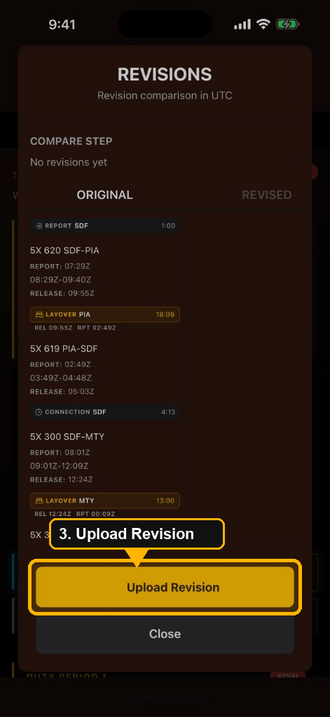 Revisions screen with the Upload Revision button highlighted