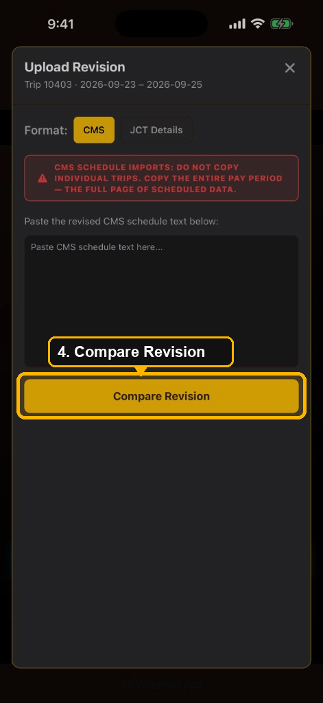 Upload Revision screen: tap CMS or JCT Details, paste the copied page, then tap Compare Revision